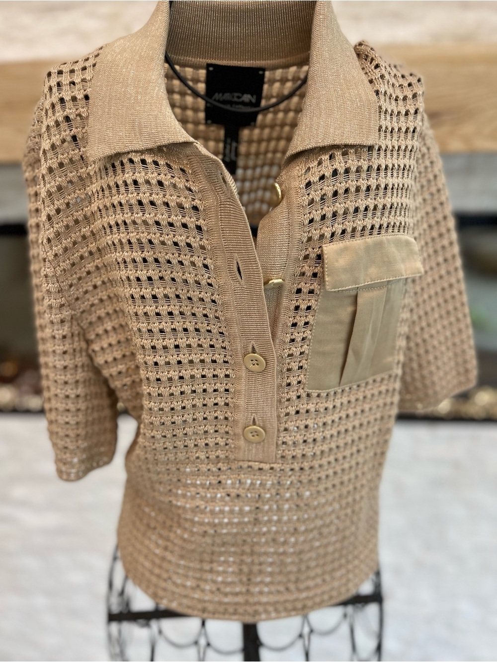 Marc Cain Gold Openwork Sweater with Satin Gold Chest Pocket